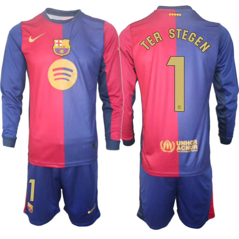 Men 2024-2025 Club Barcelona home Long Sleeves Blue #1 Soccer Jersey